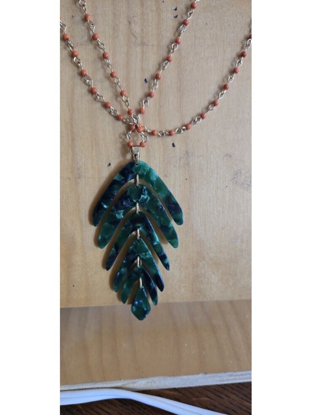 I.N.C. Acrylic Leaf 3" Pendant Necklace 36" Gold Tone Chain Tiny Orange Beads